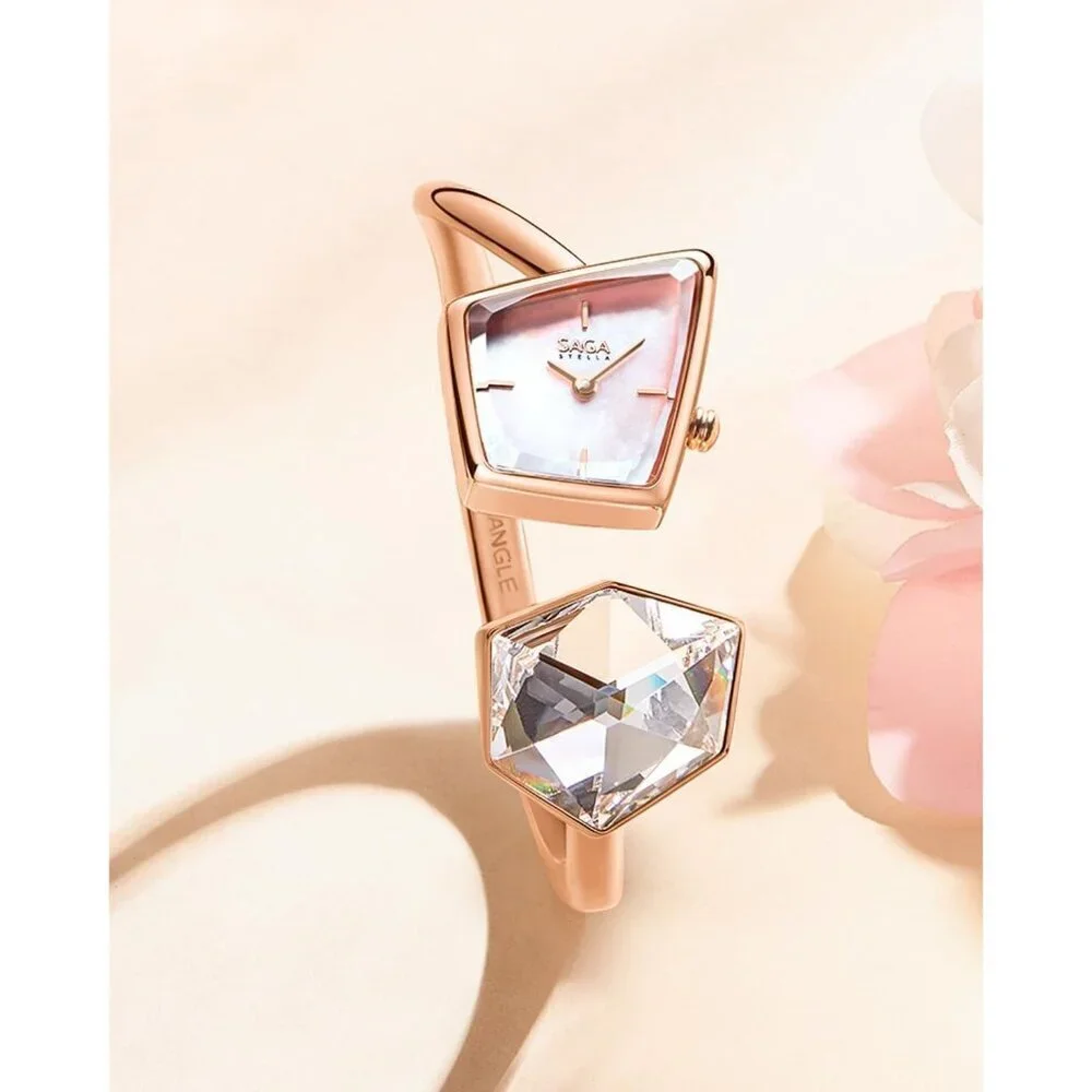 Women's Rose Gold Cuff Bangle Quartz Watch Shaped Mineral Case Stainless Steel